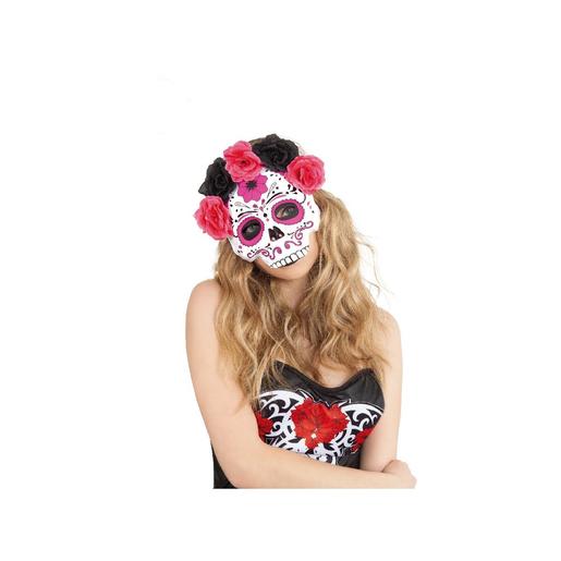 Máscara Katrina com flores cor-de-rosa e pretas