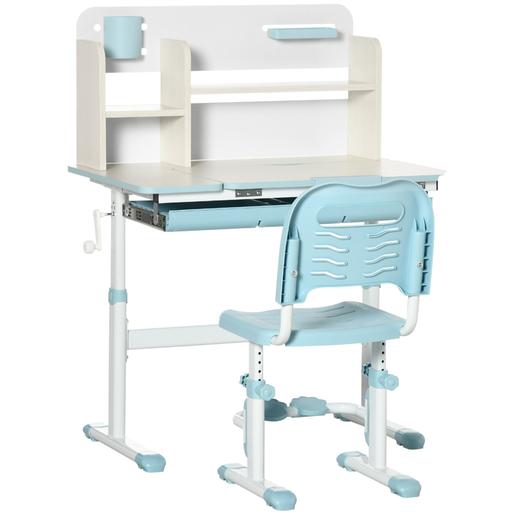 Homcom - Secretária com estante e Cadeira com Altura Ajustável Branco e Azul