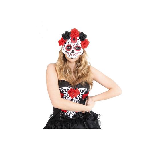 Máscara Katrina com flores vermelhas e pretas