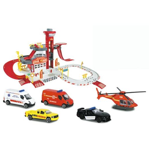 Garagem de bombeiros com veículos e helicóptero ㅤ