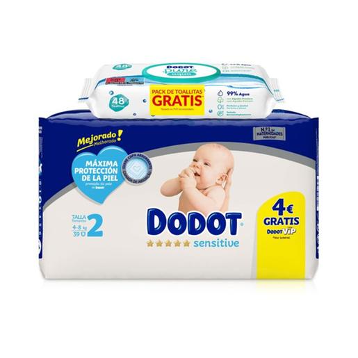 Dodot - Fralda Sensível tamanho 2 para recém-nascidos 4-8 kg 39 uds + Toalhitas Aqua Pure 48 uds