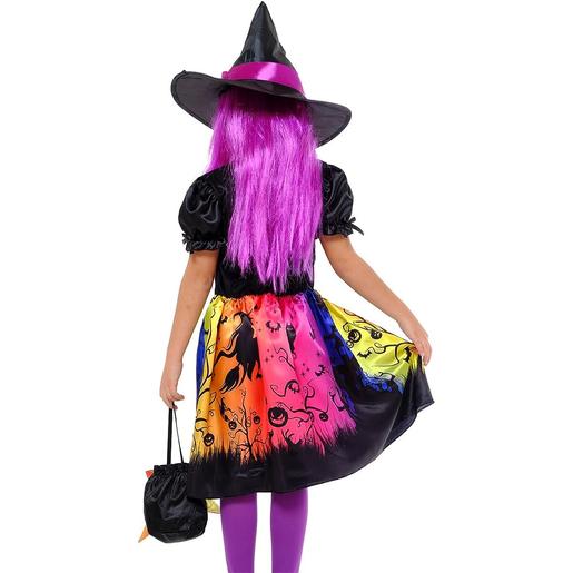 Fantasia de bruxa encantada com vestido impresso, chapéu e bolsa para festas
