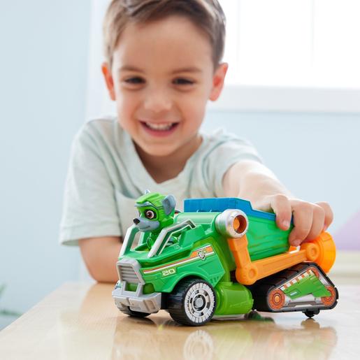Energía - Patrulha Pata - Camião de reciclagem de brinquedo com figura de ação Rocky, luzes e sons ㅤ