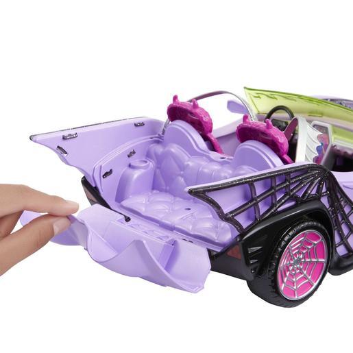 Mattel - Monster High - Carro conversível roxo com acessórios para animais de estimação e detalhes de teia de aranha ㅤ