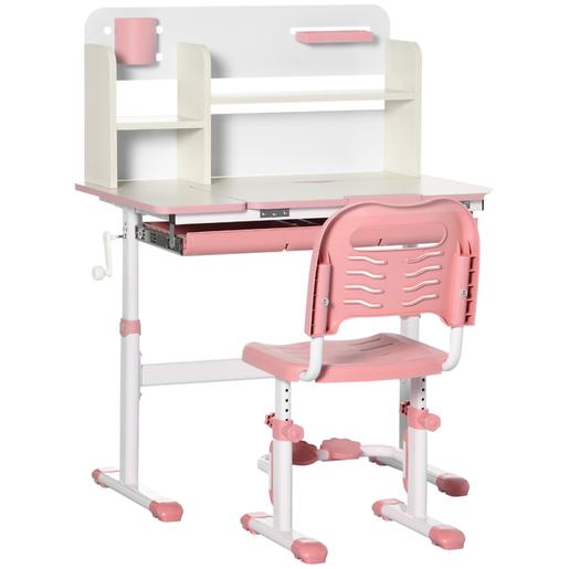 Homcom - Secretária com estante e cadeira com altura ajustável Branco e Rosa