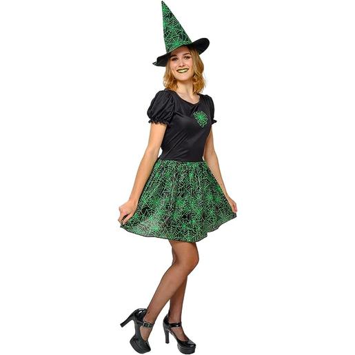 Fantasia de bruxa com vestido e chapéu para mulher, cor verde