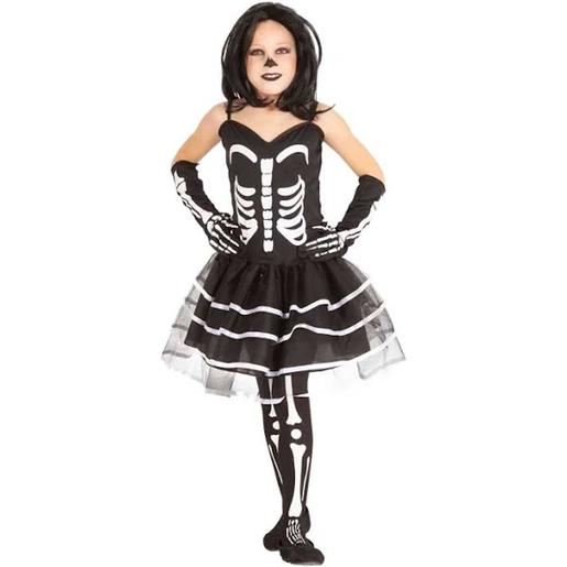 Fantasia de esqueleto Miss Ossos para meninas com vestido, meias e mitenes ㅤ