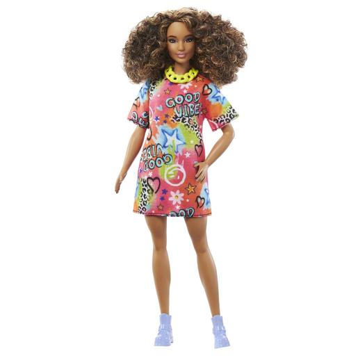 Barbie - Muñeca Fashionista morena con pelo rizado y accesorios de moda ㅤ
