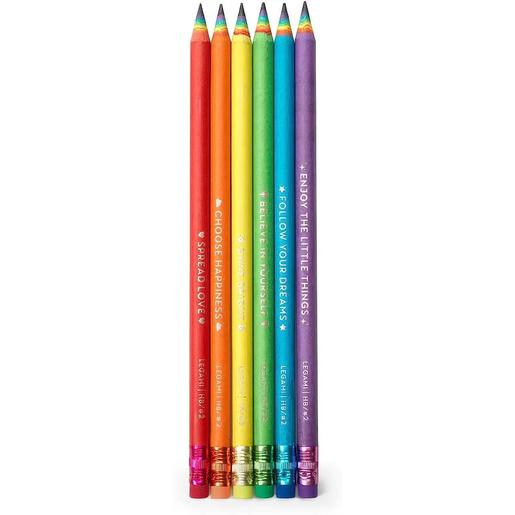 Legami - Jogo de 6 lápis HB arco-íris com frases inspiradoras e borracha na base ㅤ
