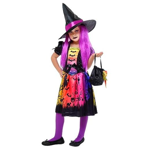 Fantasia de bruxa com vestido impresso, chapéu e bolsa para festas e carnaval ㅤ