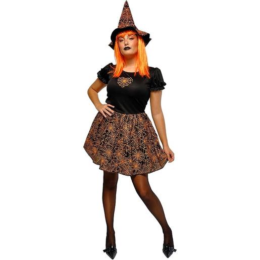 Vestido e chapéu de bruxa com rede de aranha que brilha no escuro para o Halloween e Carnaval