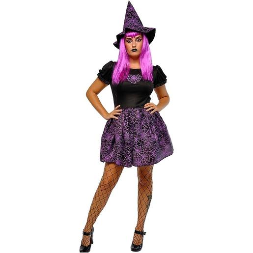 Vestido e chapéu de bruxa com design de teia de aranha que brilha no escuro para o carnaval e Halloween