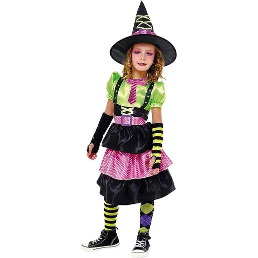 Fantasia de bruxa com vestido, cinto, suspensórios e chapéu para Halloween e Carnaval