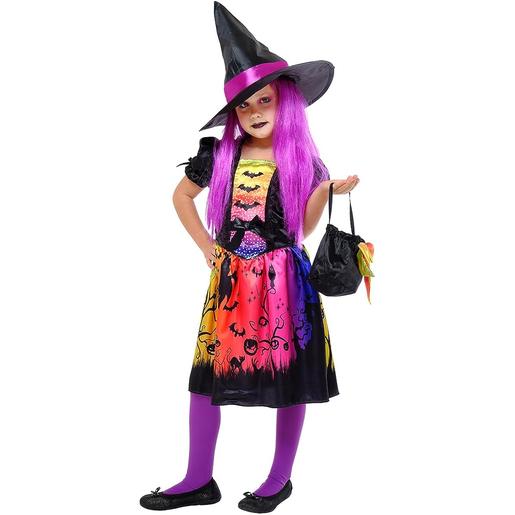 Fantasia de bruxa encantada com vestido impresso, chapéu e bolsa para festas