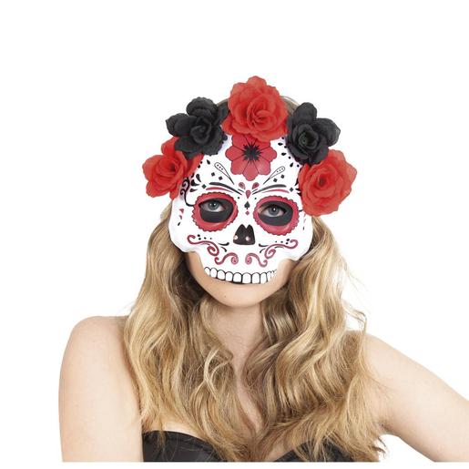 Máscara Katrina com flores vermelhas e pretas