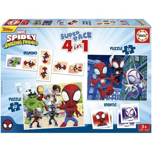 Superpack 4 en 1: Juegos de Mesa, Puzzles y Cartas Spidey & Amazing Friends ㅤ