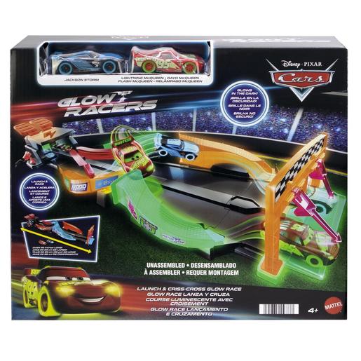 Disney - Cars - Pista de carros de brinquedo que brilha no escuro, inclui 2 veículos ㅤ