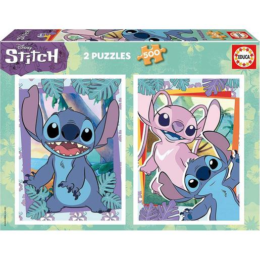 Pack de 2 puzzles de 500 peças com imagens de Stitch e cola Fix Puzzle, 34 x 48 cm (19732) ㅤ